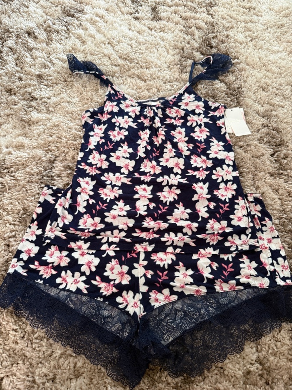 Jessica Simpson Navy Floral Lace-Trim Pajama Set
